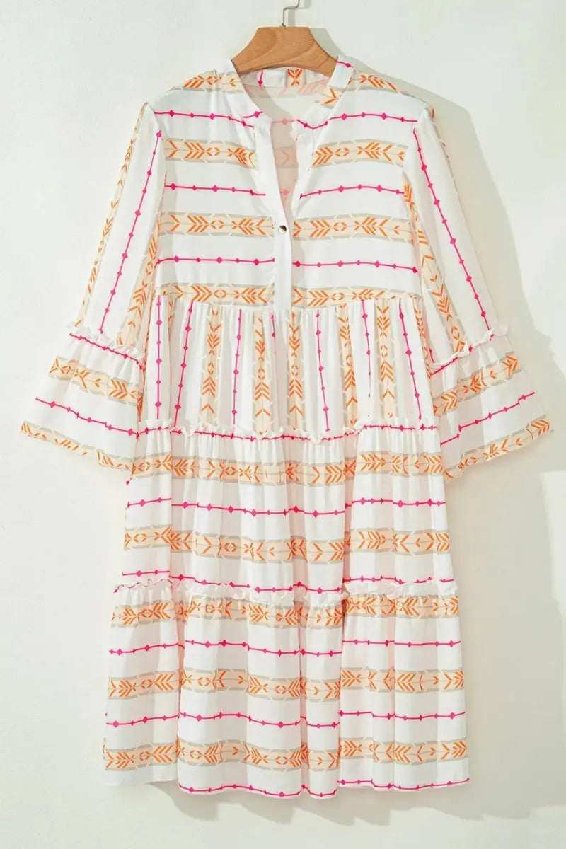 Printed Ruffled Notched Loose Dress for Effortless Style - Love Salve